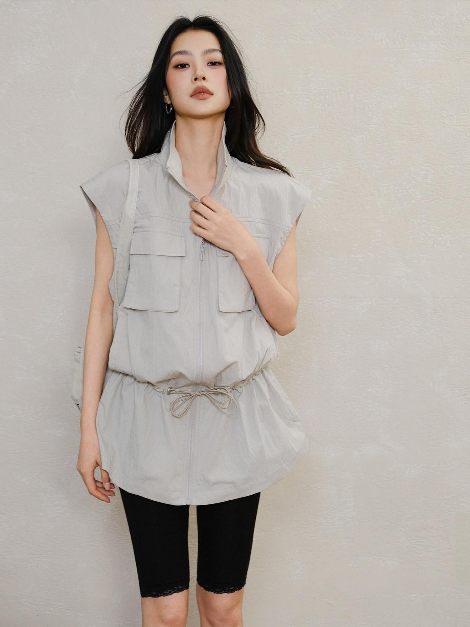 FU FRESH UP Stand Collar Utility Pocket Zip Washed Women&