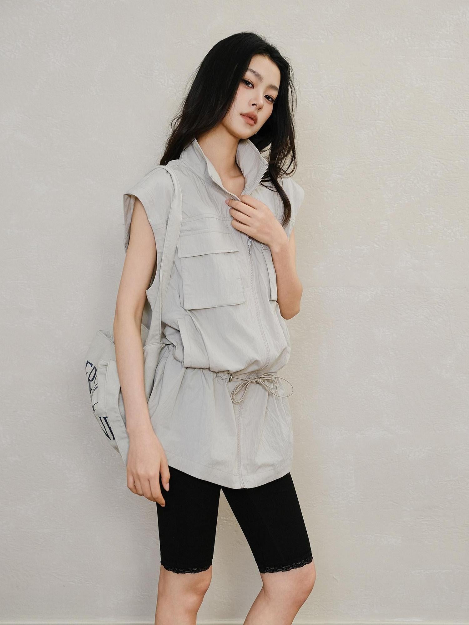 FU FRESH UP Stand Collar Utility Pocket Zip Washed Women&