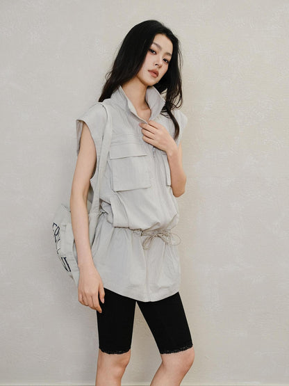 FU FRESH UP Stand Collar Utility Pocket Zip Washed Women&