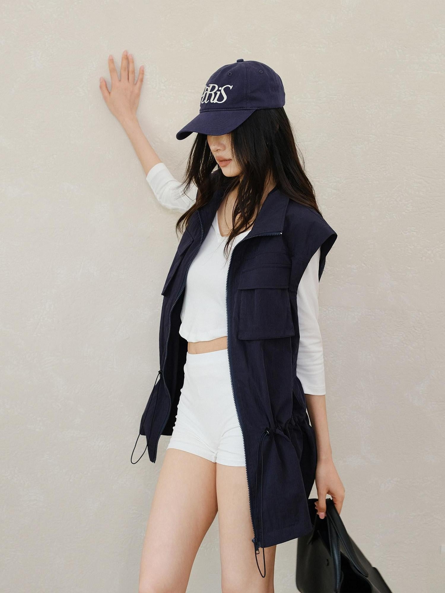 FU FRESH UP Stand Collar Utility Pocket Zip Washed Women&