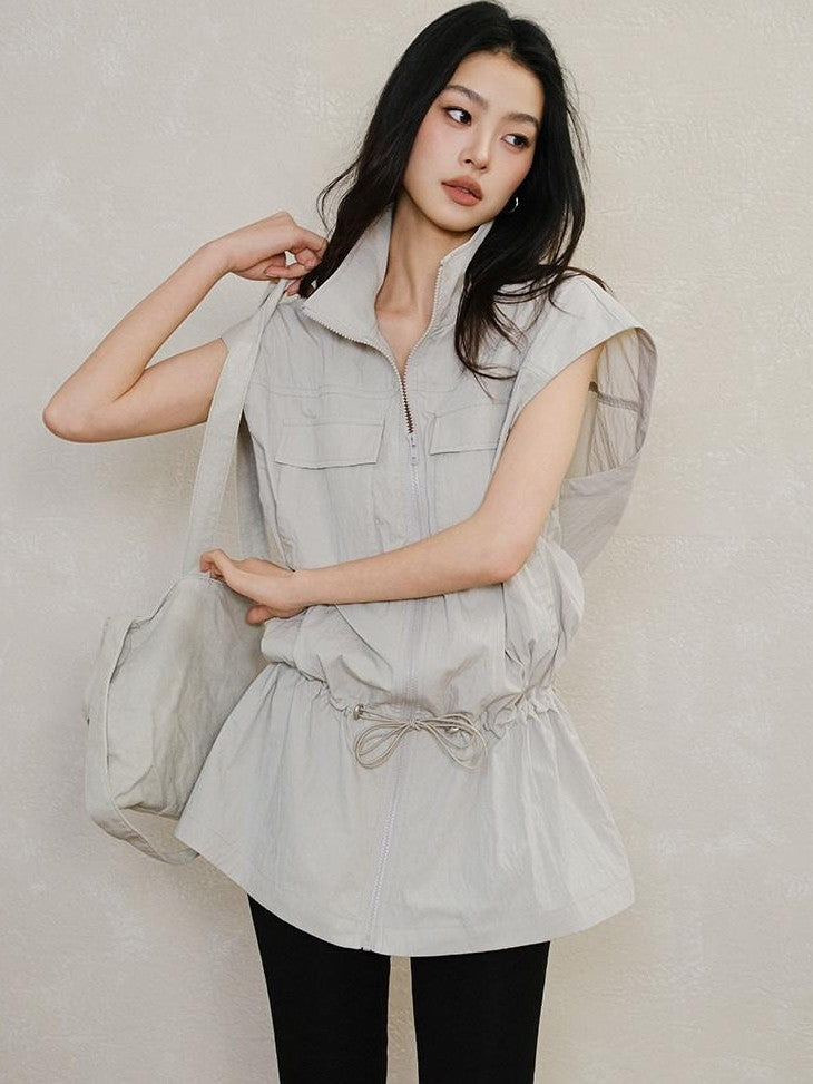 FU FRESH UP Stand Collar Utility Pocket Zip Washed Women&