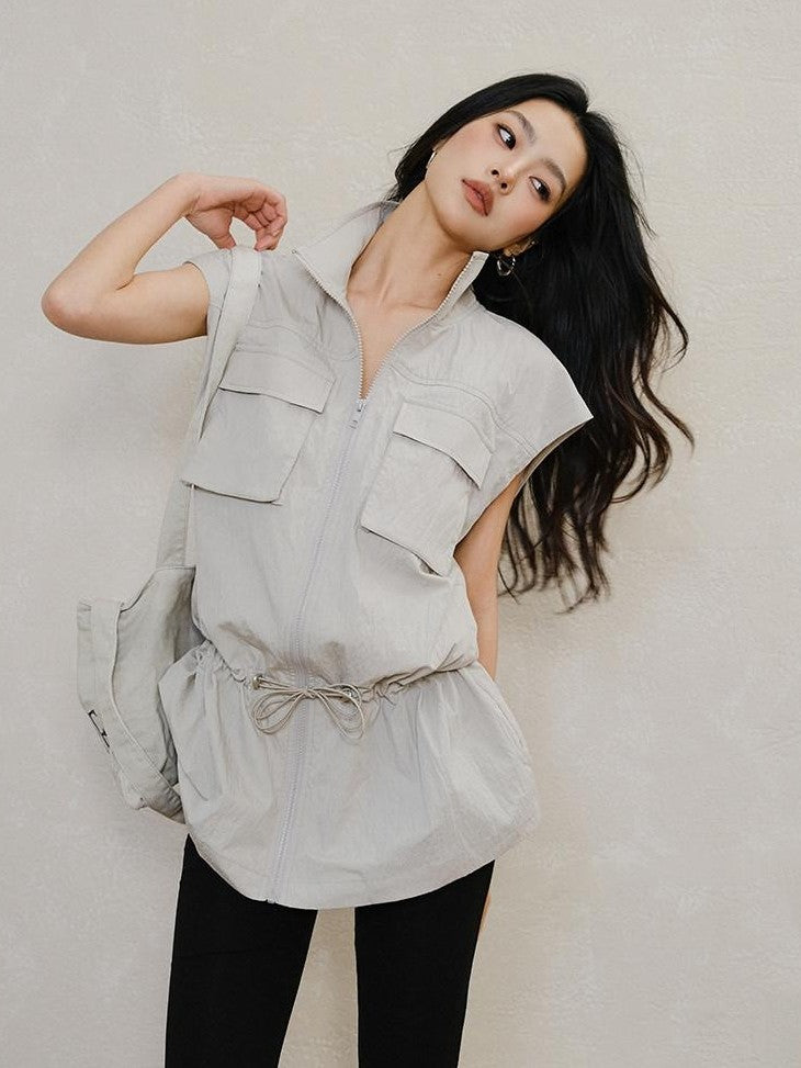 FU FRESH UP Stand Collar Utility Pocket Zip Washed Women&