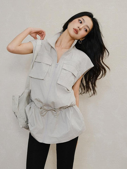 FU FRESH UP Stand Collar Utility Pocket Zip Washed Women&