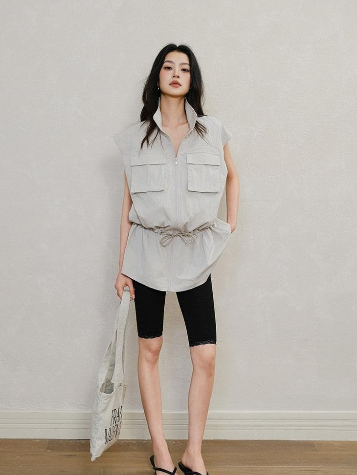 FU FRESH UP Stand Collar Utility Pocket Zip Washed Women&