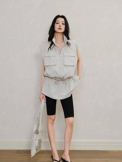 FU FRESH UP Stand Collar Utility Pocket Zip Washed Women&