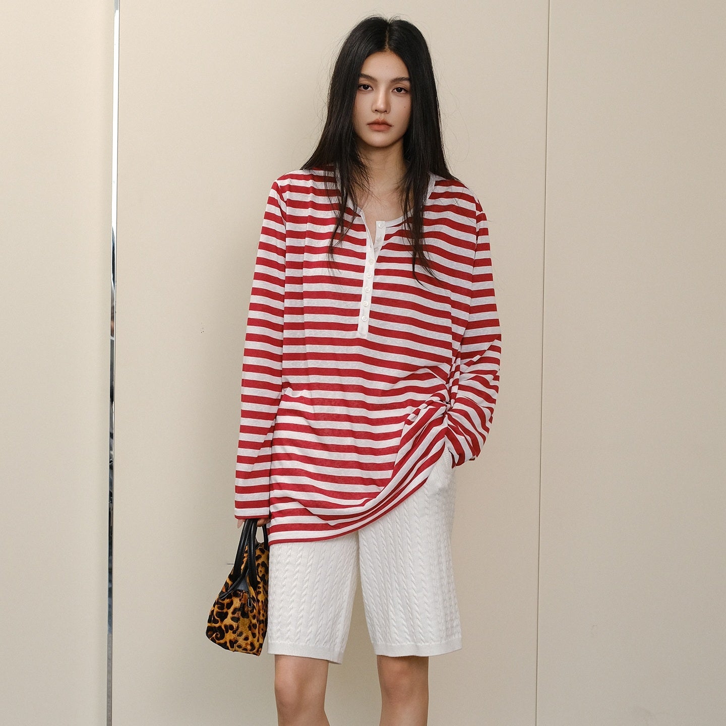FU_FRESH_UP_Striped_Colorblock_Henley_Knit_Loose_Women&