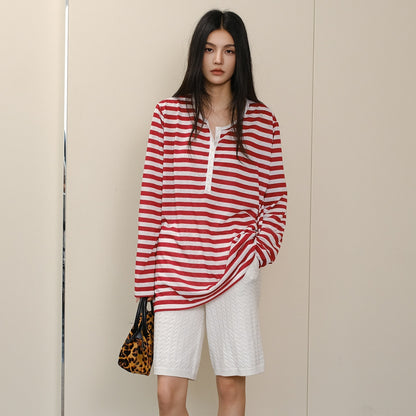 FU_FRESH_UP_Striped_Colorblock_Henley_Knit_Loose_Women&