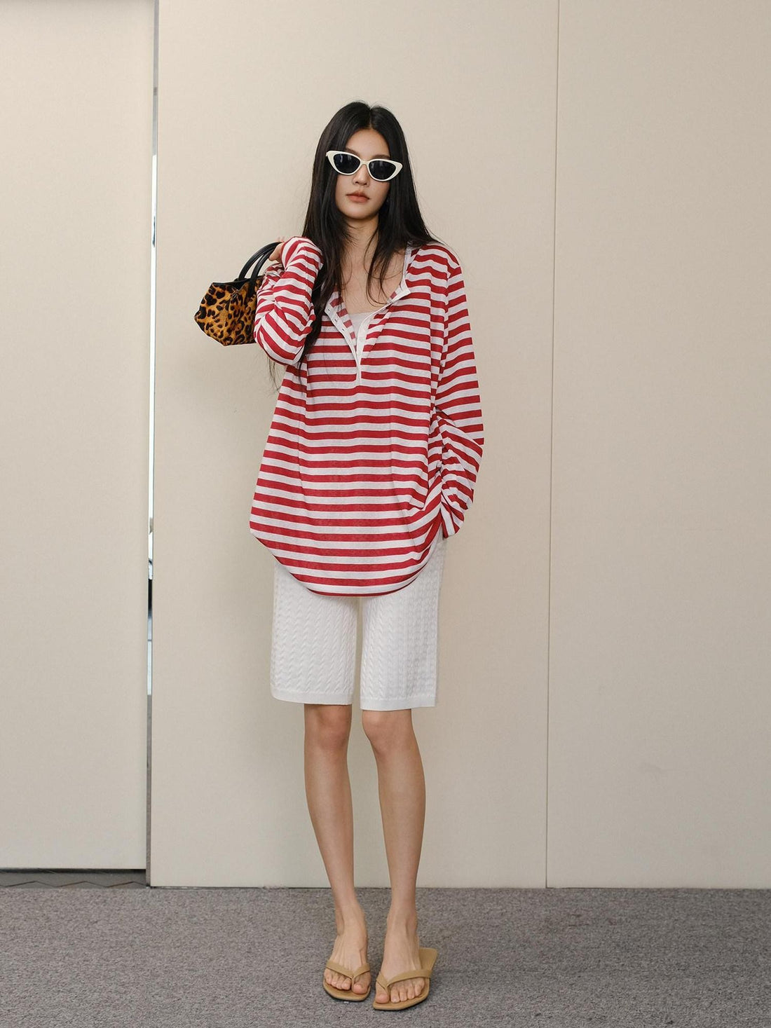 FU FRESH UP Striped Colorblock Henley Knit Loose Women&