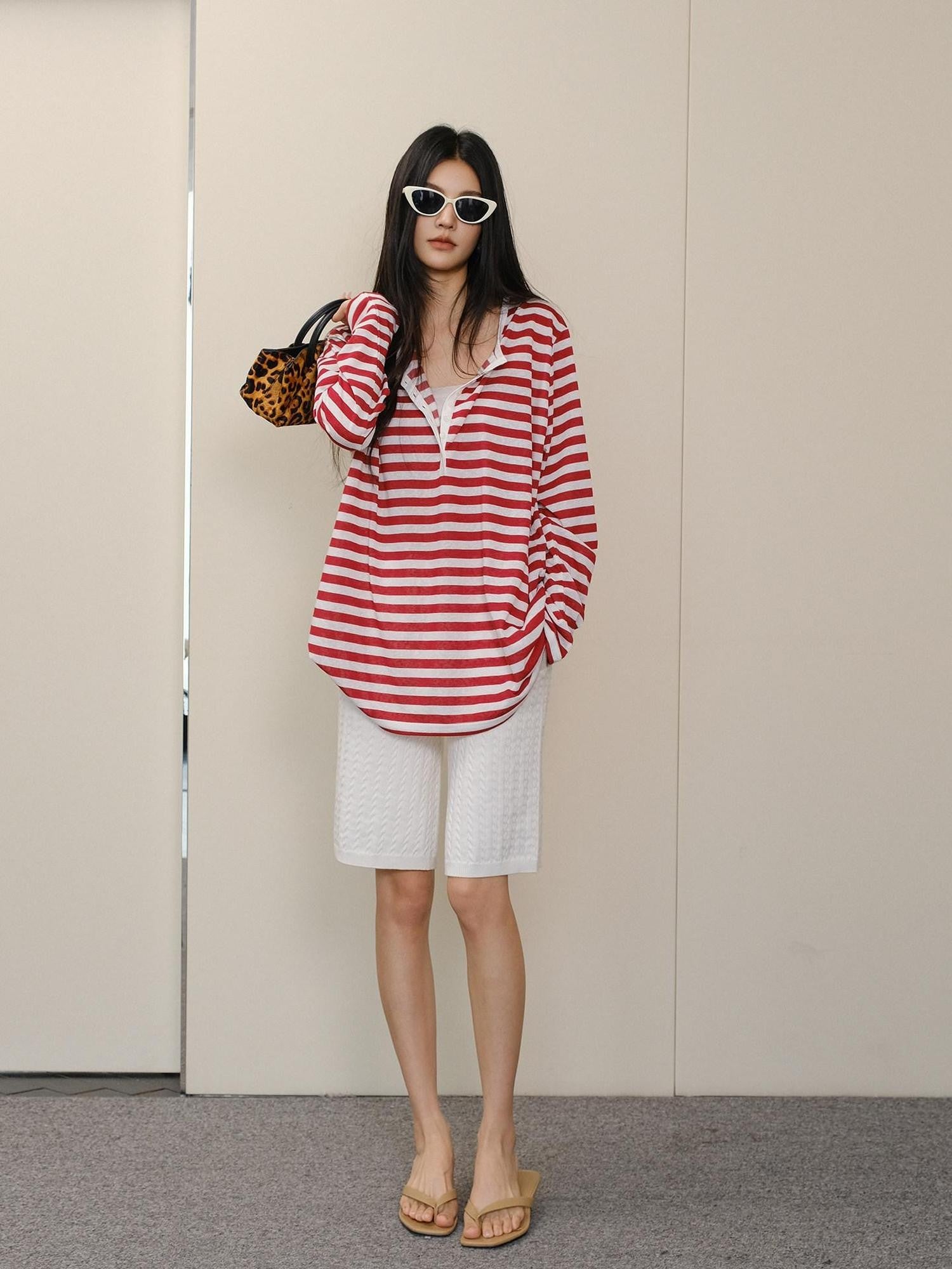 FU FRESH UP Striped Colorblock Henley Knit Loose Women&