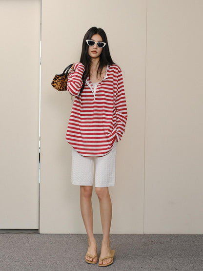FU FRESH UP Striped Colorblock Henley Knit Loose Women&