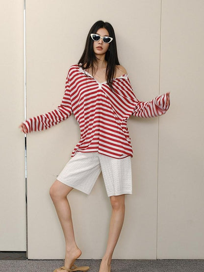 FU FRESH UP Striped Colorblock Henley Knit Loose Women&