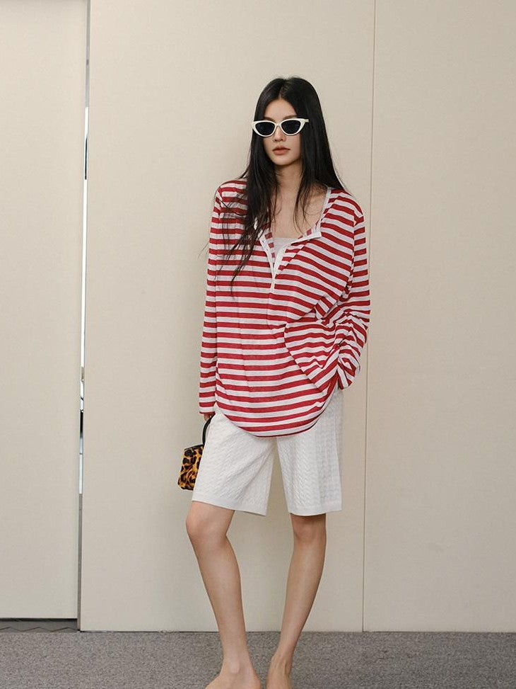 FU FRESH UP Striped Colorblock Henley Knit Loose Women&