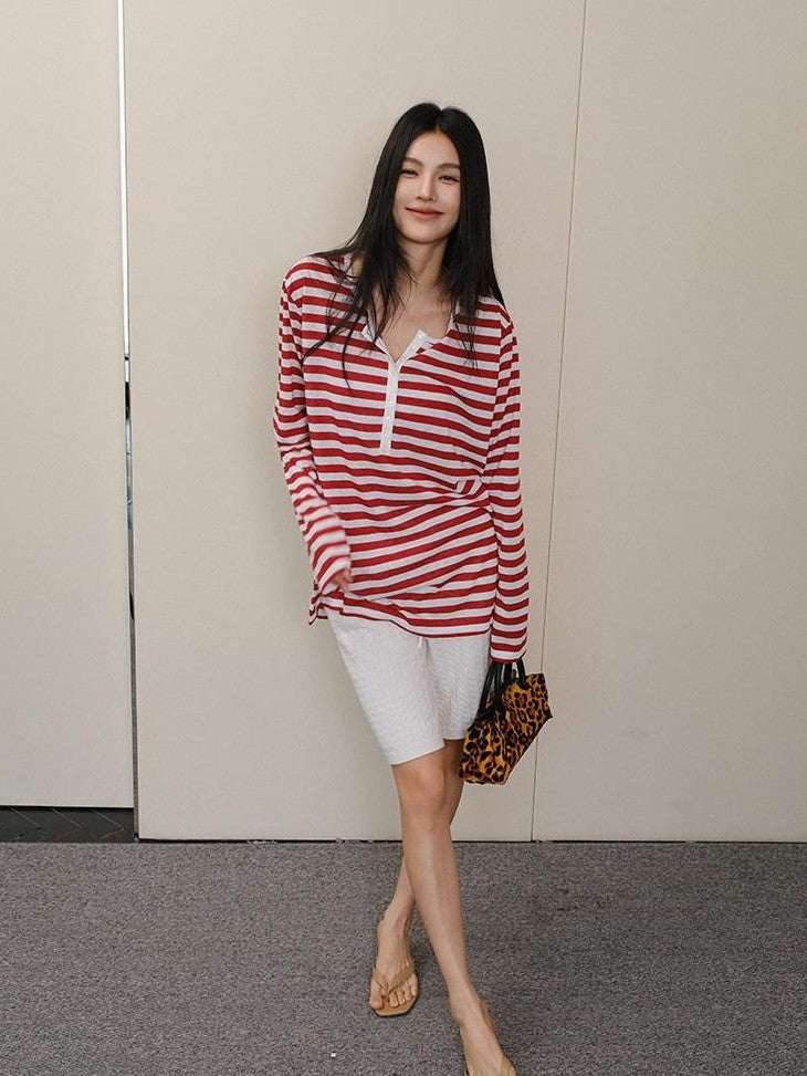 FU FRESH UP Striped Colorblock Henley Knit Loose Women&