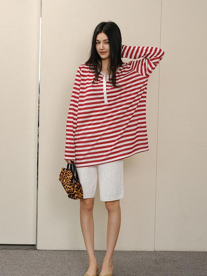 FU FRESH UP Striped Colorblock Henley Knit Loose Women&