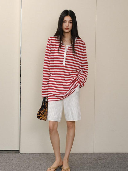 FU FRESH UP Striped Colorblock Henley Knit Loose Women&