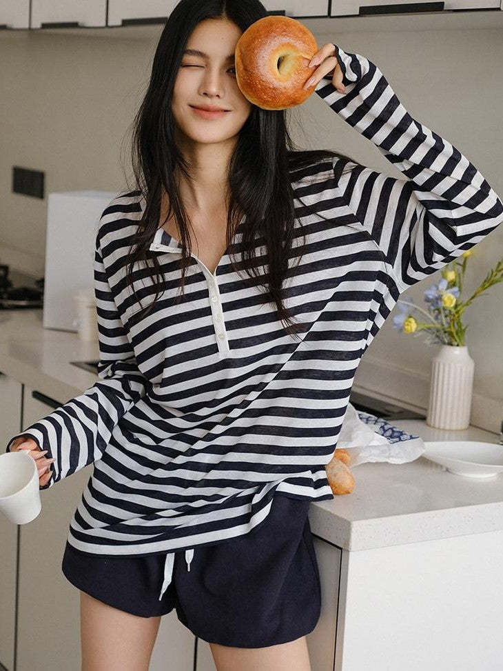 FU FRESH UP Striped Colorblock Henley Knit Loose Women&