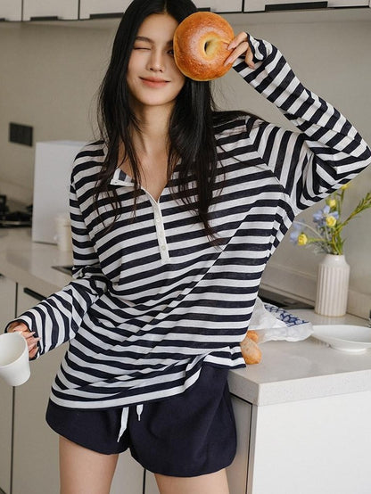 FU FRESH UP Striped Colorblock Henley Knit Loose Women&