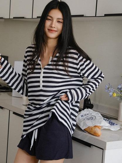 FU FRESH UP Striped Colorblock Henley Knit Loose Women&