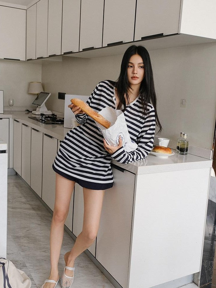 FU FRESH UP Striped Colorblock Henley Knit Loose Women&