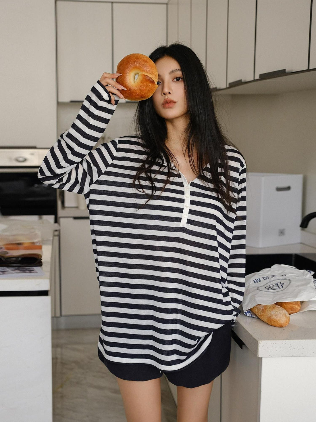 FU FRESH UP Striped Colorblock Henley Knit Loose Women&