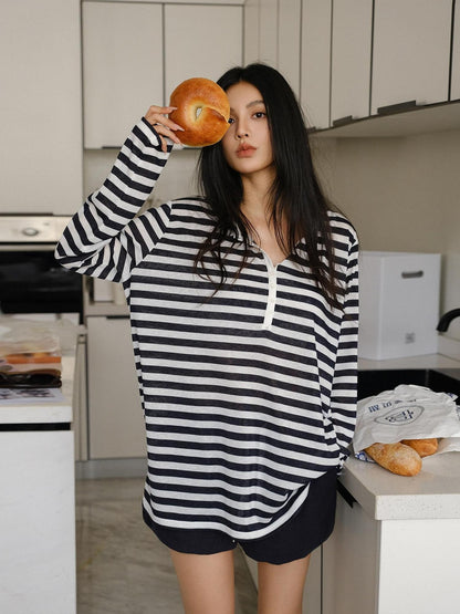 FU FRESH UP Striped Colorblock Henley Knit Loose Women&