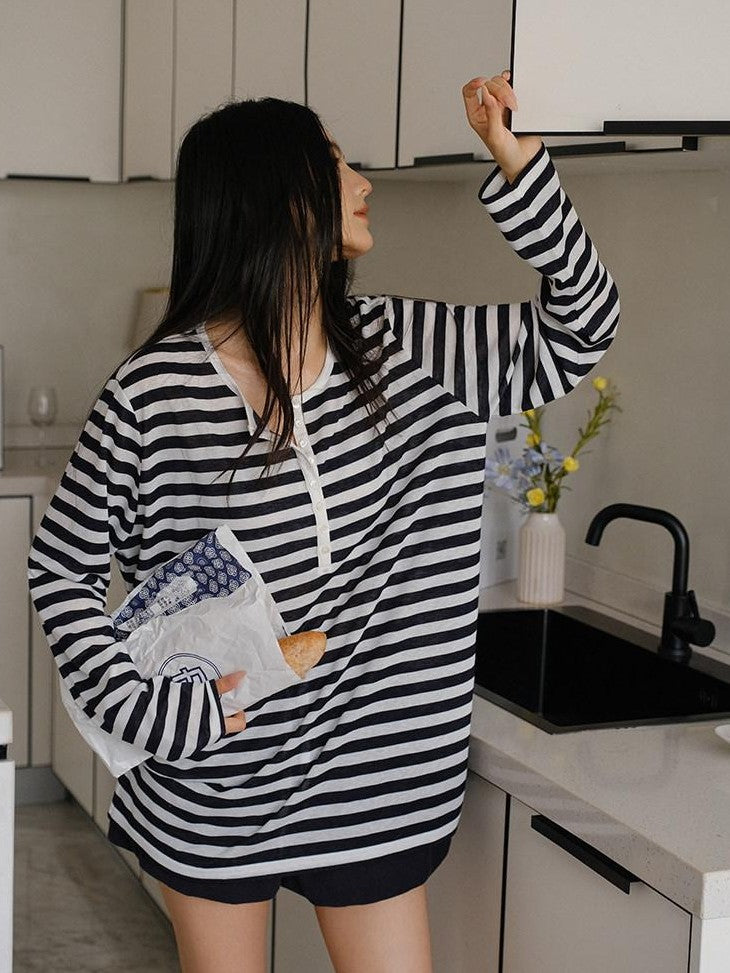 FU FRESH UP Striped Colorblock Henley Knit Loose Women&