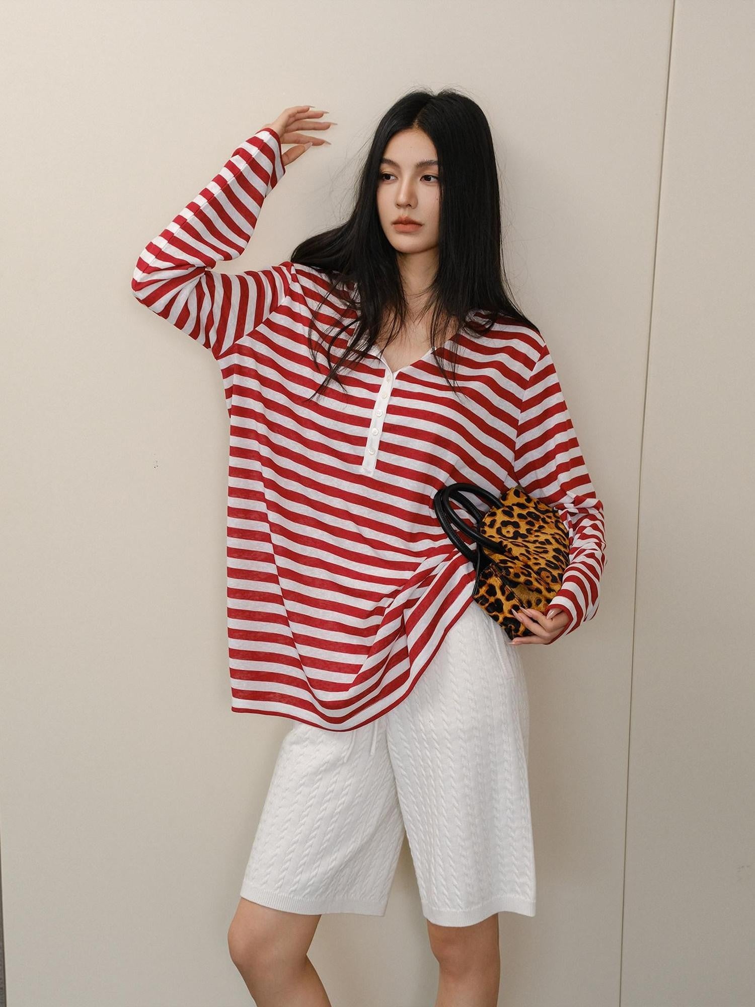 FU FRESH UP Striped Colorblock Henley Knit Loose Women&