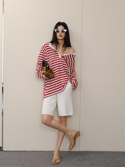 FU FRESH UP Striped Colorblock Henley Knit Loose Women&