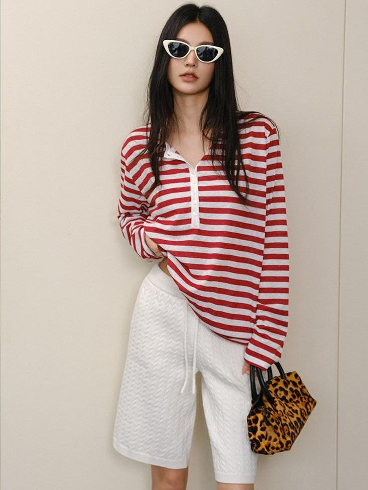 FU FRESH UP Striped Colorblock Henley Knit Loose Women&