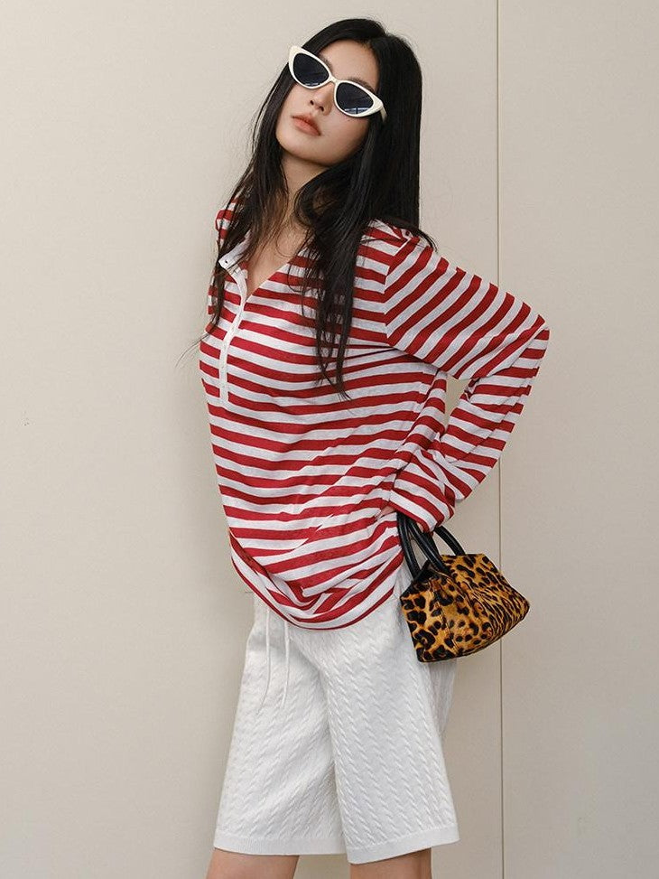 FU FRESH UP Striped Colorblock Henley Knit Loose Women&