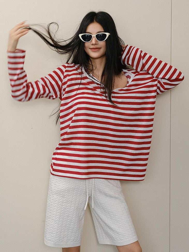 FU FRESH UP Striped Colorblock Henley Knit Loose Women&
