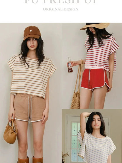 FU FRESH UP Striped Cotton Athletic Shorts Set