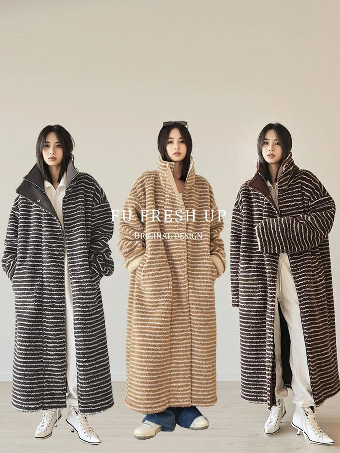 FU FRESH UP Striped Faux Shearling Oversized Trench Coat