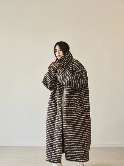 FU FRESH UP Striped Faux Shearling Oversized Trench Coat