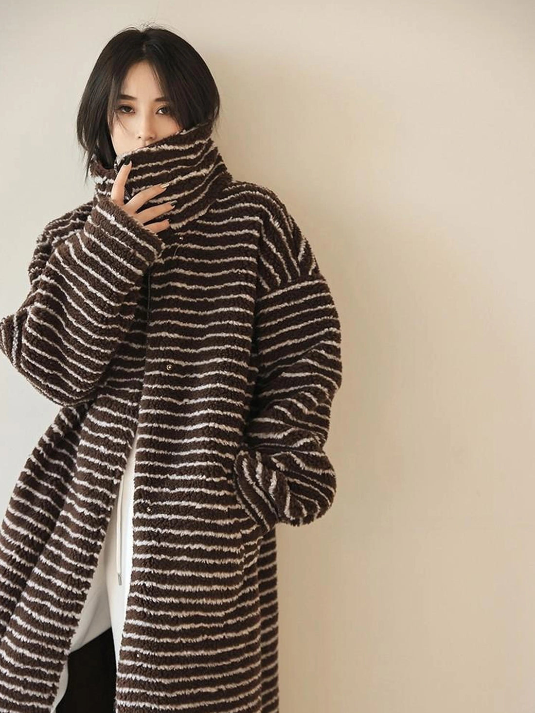 FU FRESH UP Striped Faux Shearling Oversized Trench Coat