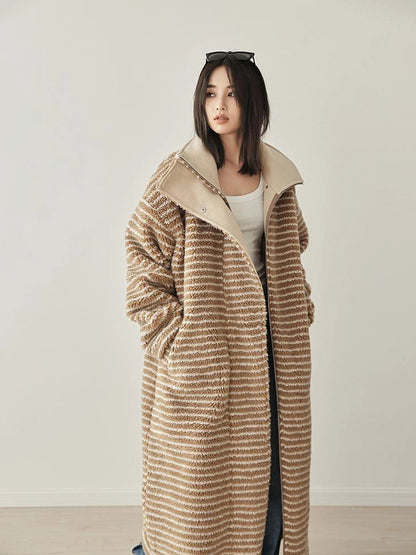 FU FRESH UP Striped Faux Shearling Oversized Trench Coat