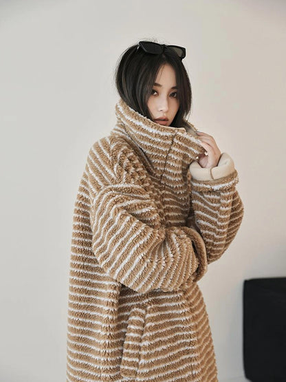 FU FRESH UP Striped Faux Shearling Oversized Trench Coat