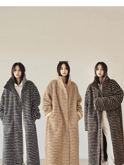 FU FRESH UP Striped Faux Shearling Oversized Trench Coat