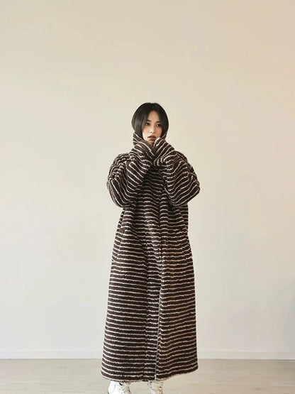 FU FRESH UP Striped Faux Shearling Oversized Trench Coat