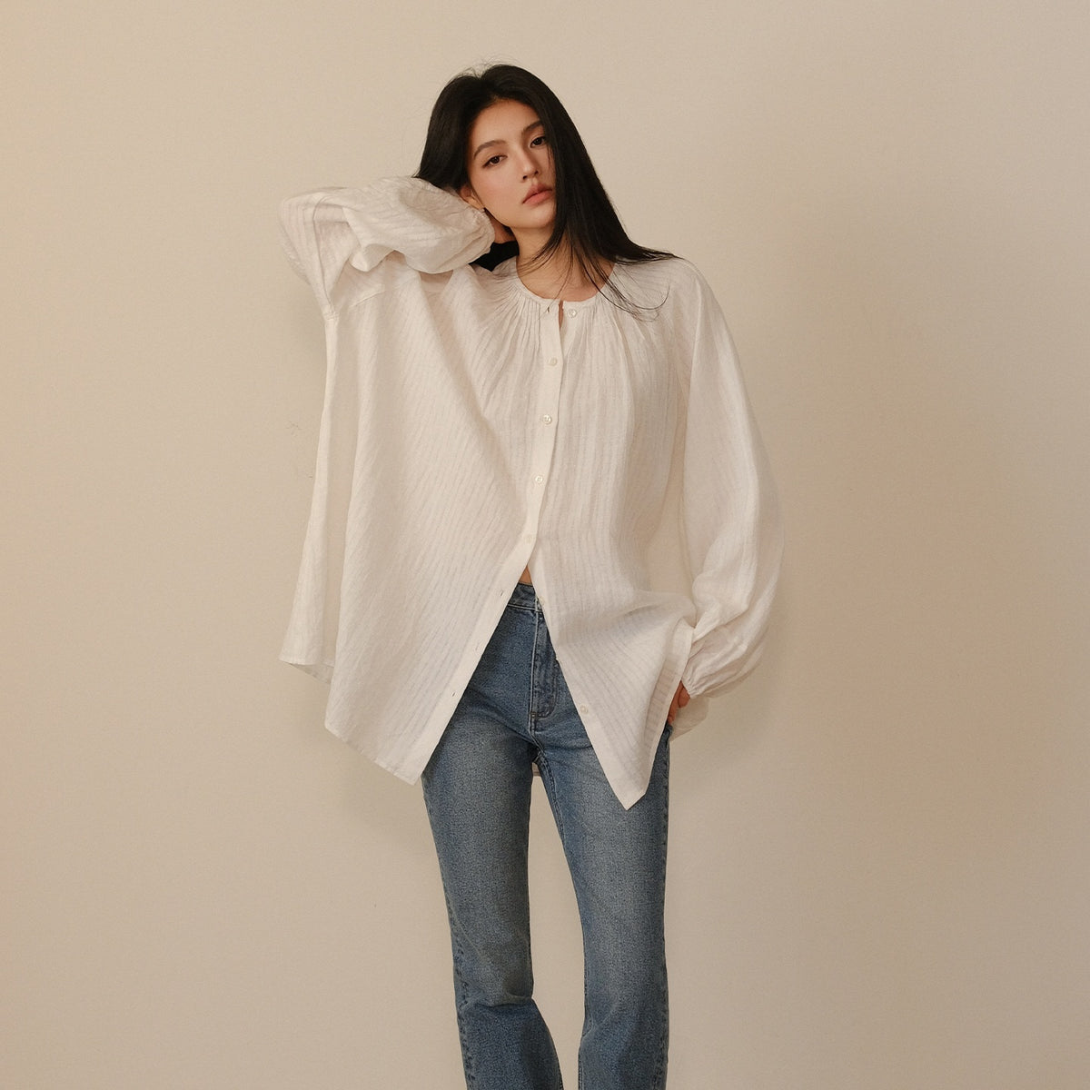 FU_FRESH_UP_Striped_Lantern_Sleeve_Pleated_Button_Round_Neck_Women&