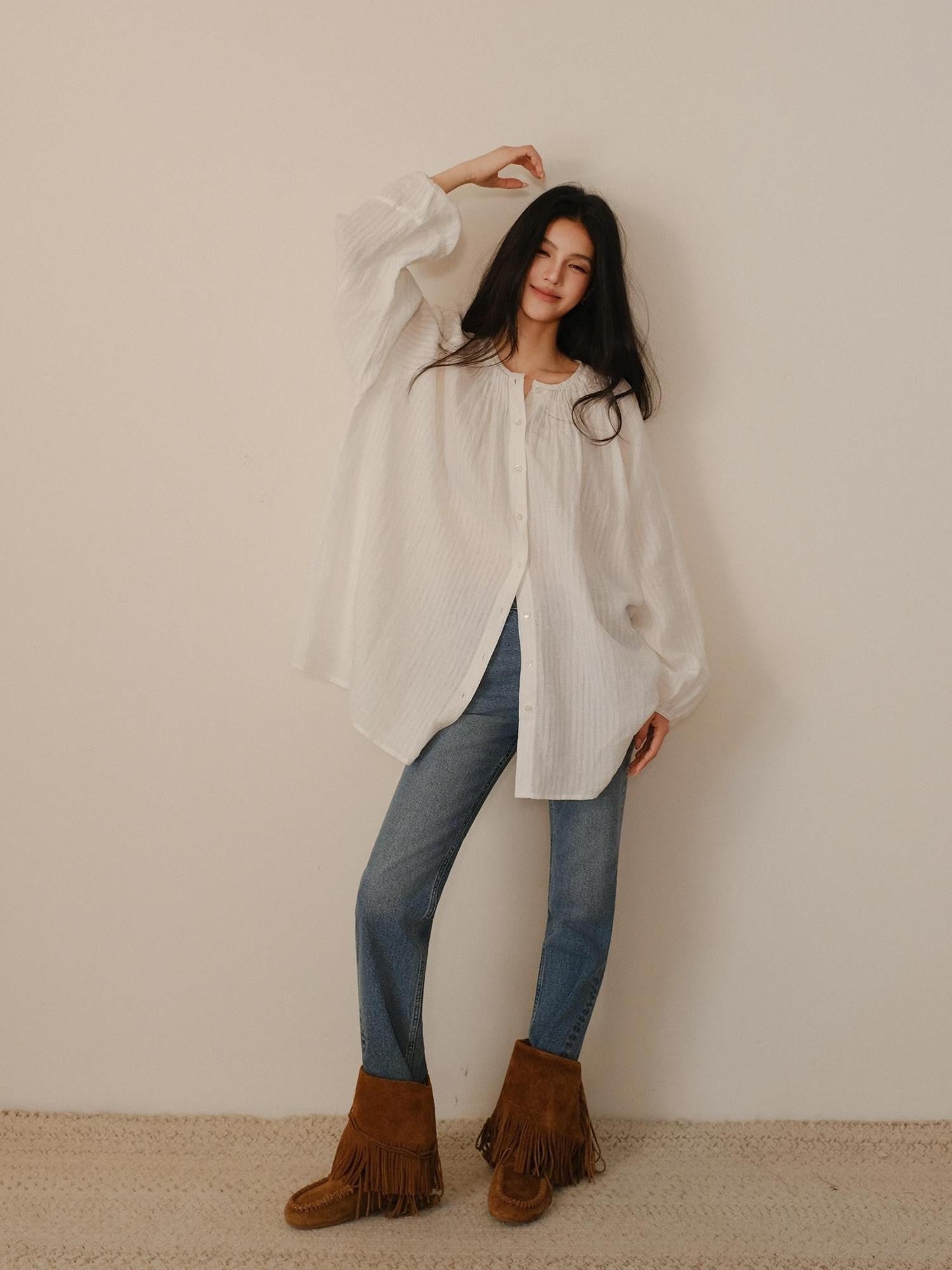 FU FRESH UP Striped Lantern Sleeve Pleated Button Round Neck Women&