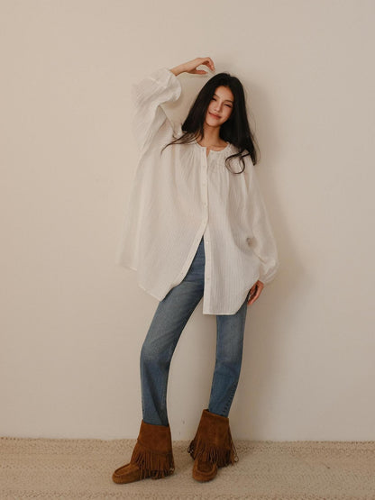 FU FRESH UP Striped Lantern Sleeve Pleated Button Round Neck Women&