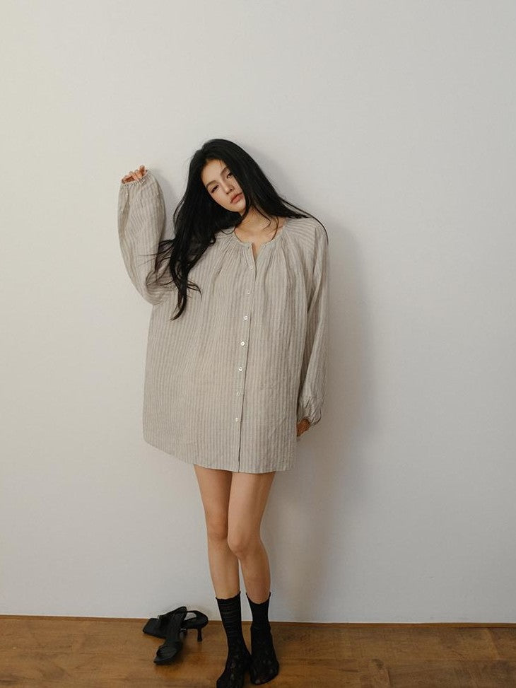 FU FRESH UP Striped Lantern Sleeve Pleated Button Round Neck Women&