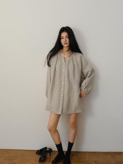 FU FRESH UP Striped Lantern Sleeve Pleated Button Round Neck Women&