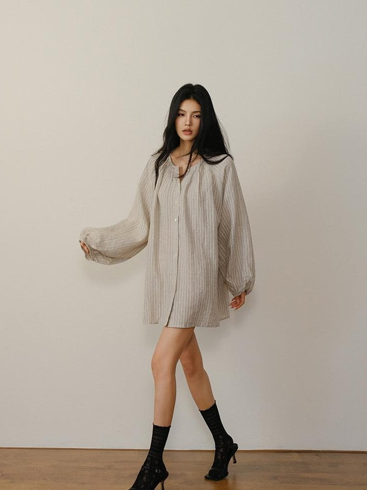 FU FRESH UP Striped Lantern Sleeve Pleated Button Round Neck Women&