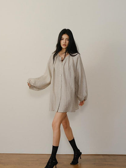 FU FRESH UP Striped Lantern Sleeve Pleated Button Round Neck Women&