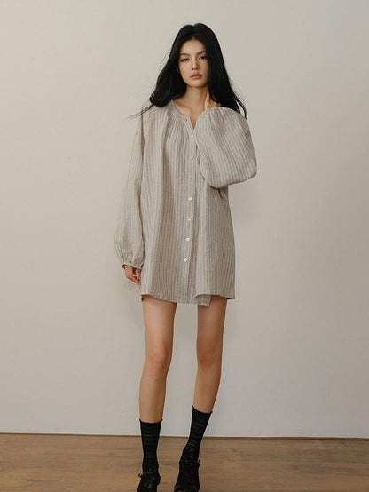 FU FRESH UP Striped Lantern Sleeve Pleated Button Round Neck Women&