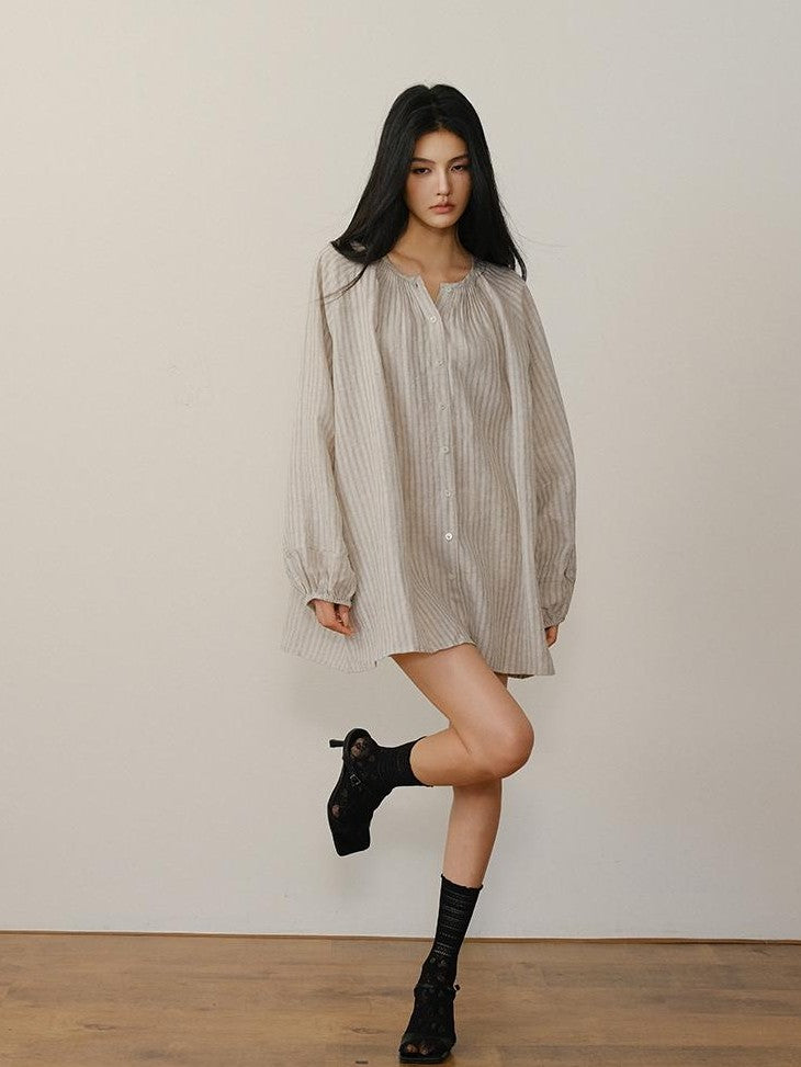 FU FRESH UP Striped Lantern Sleeve Pleated Button Round Neck Women&