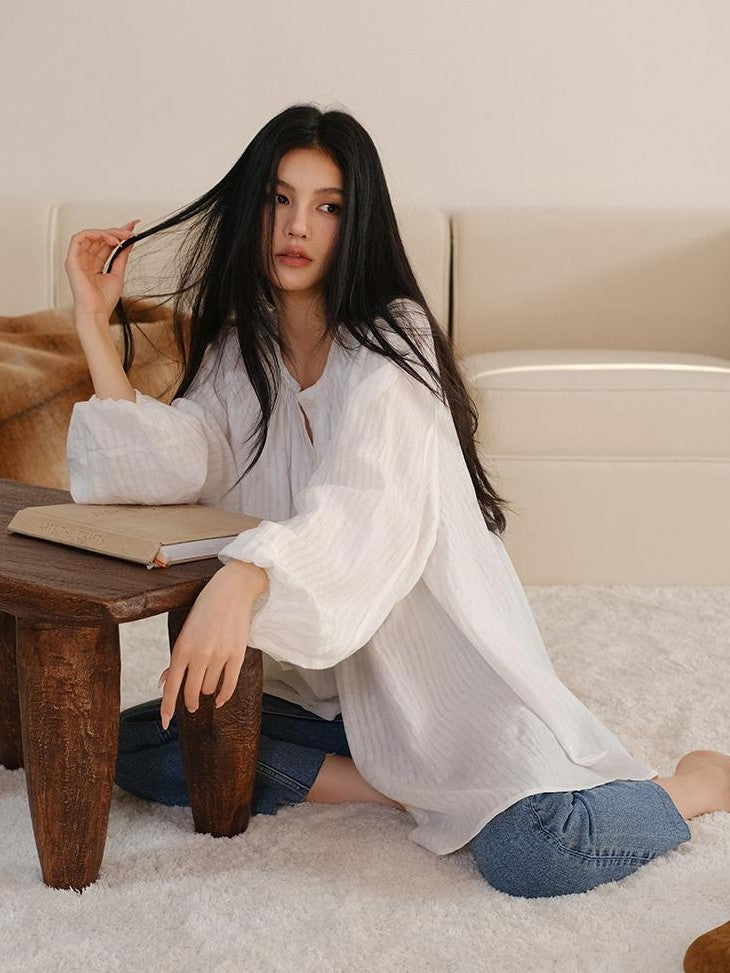 FU FRESH UP Striped Lantern Sleeve Pleated Button Round Neck Women&