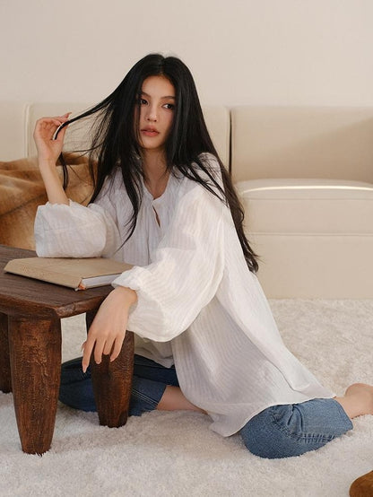 FU FRESH UP Striped Lantern Sleeve Pleated Button Round Neck Women&